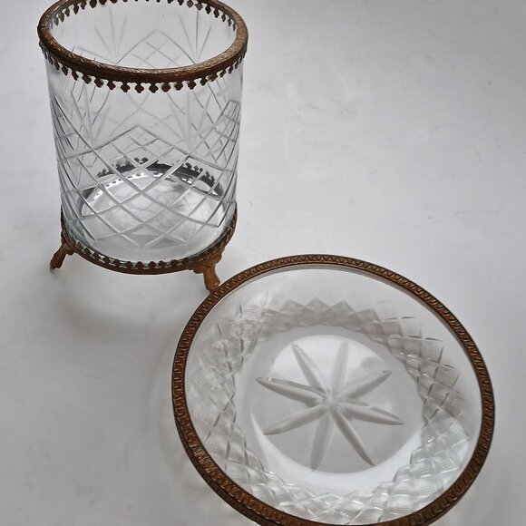 VTG Hollywood Regency Gold Tone Filigree Ormolu Crystal Cut Glass Vanity Set - Picture 1 of 16